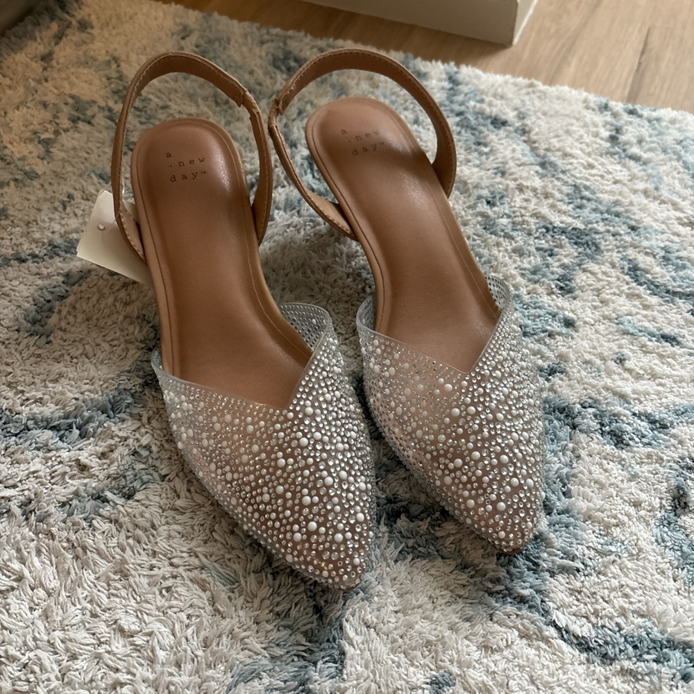 A new day  Women's Silver Crystal Slingback Heels
